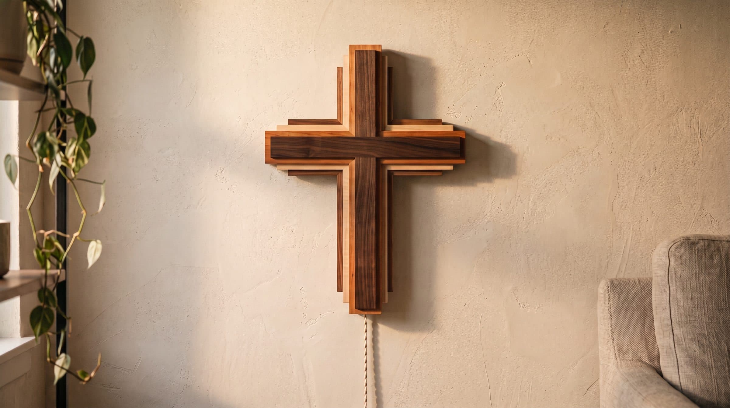 Layered walnut, cherry and maple cross hanging on a sunlit plaster wall