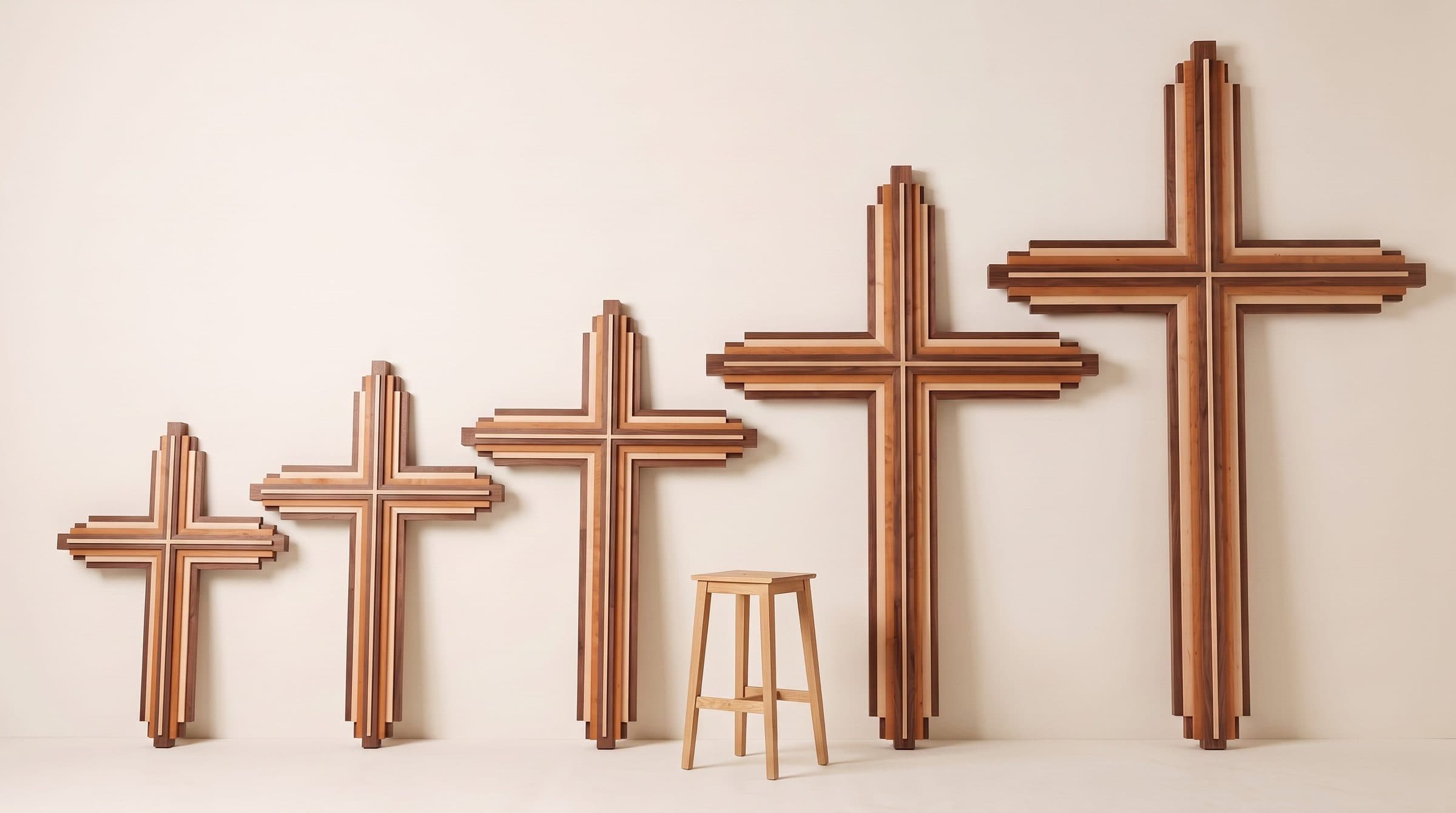 Five layered crosses from 5 to 12 feet tall lined up against a studio wall